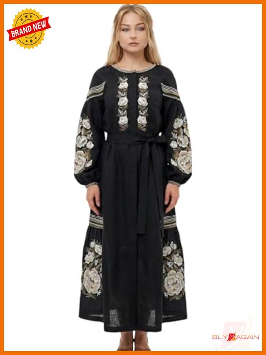 Dresses & Skirts - Natural Linen Embroidered Peony Maxi Dress Boho Vyshyvanka Gown